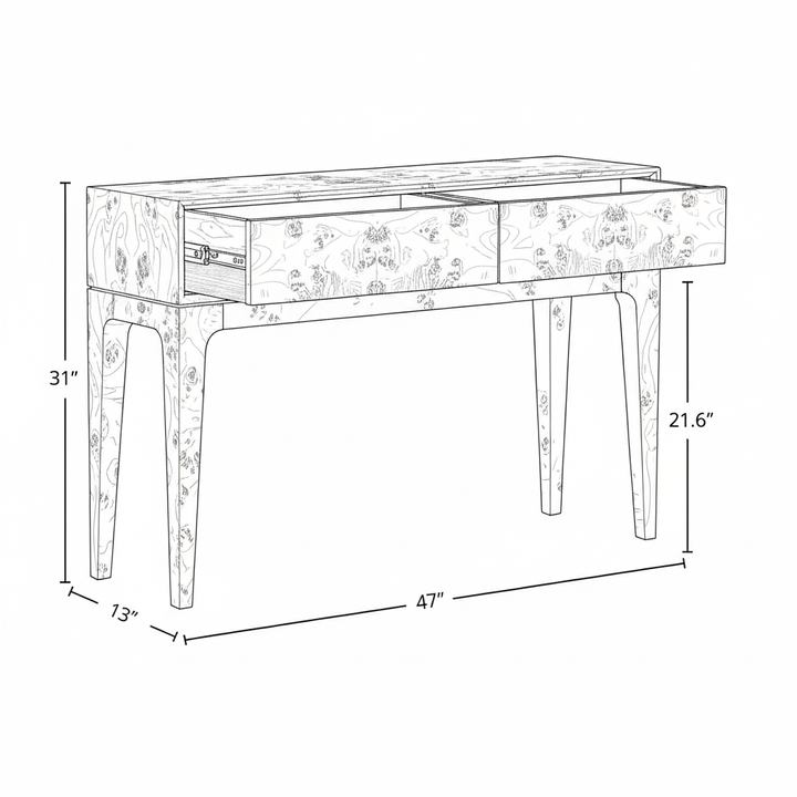 Line drawing of a wooden console table with dimensions labeled