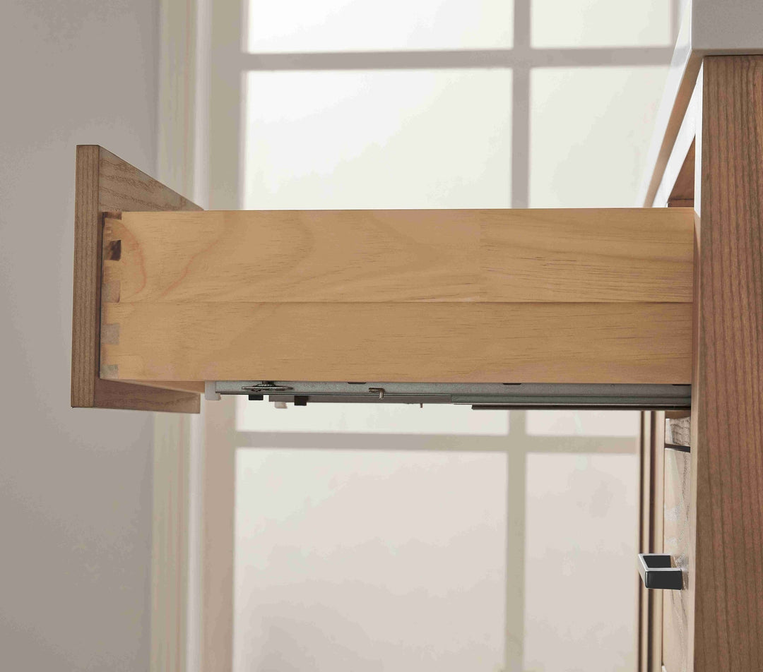 Wooden shelf mounted on a wall with a window in the background