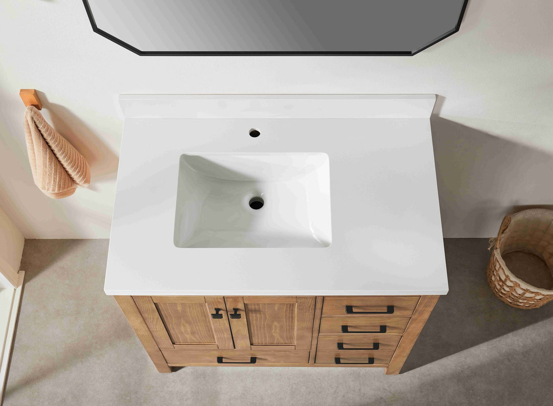 Bathroom vanity with white countertop and wooden cabinet