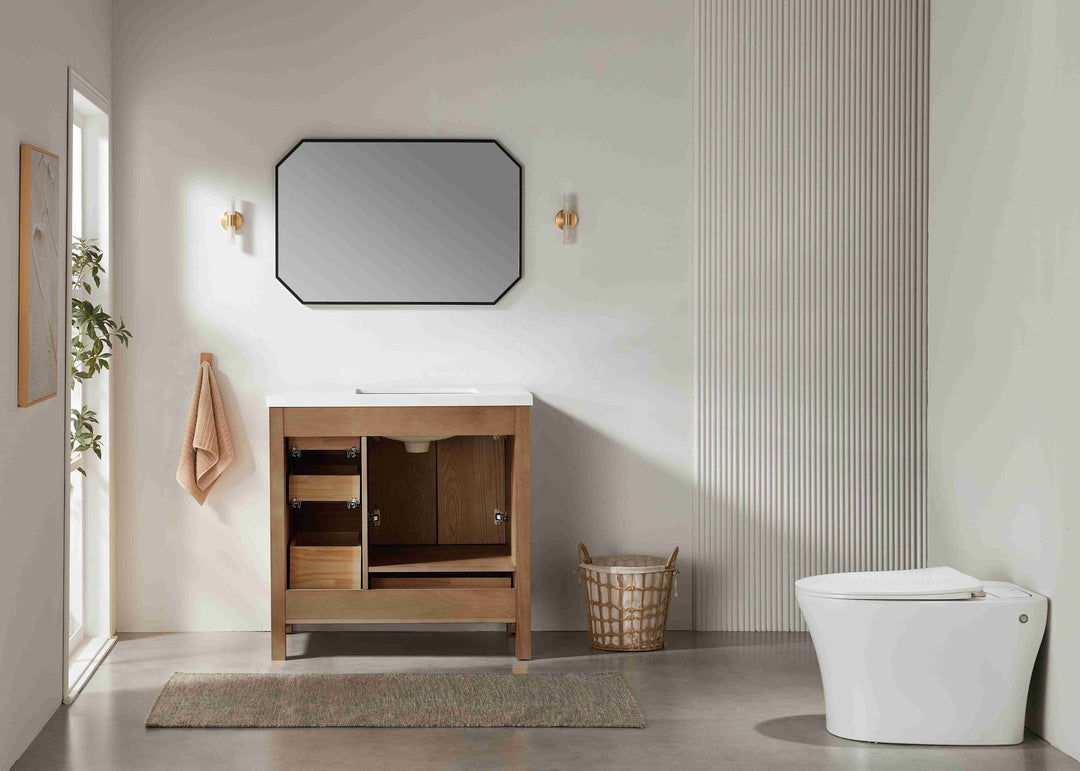 Nora 36″ Bathroom Vanity – Solid Wood with White Quartz Top, Antique Oak - Left Side Sink - Decoronto