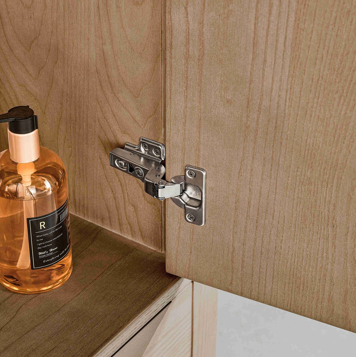 Cabinet hinge on a wooden cabinet with a bottle of soap on a shelf.