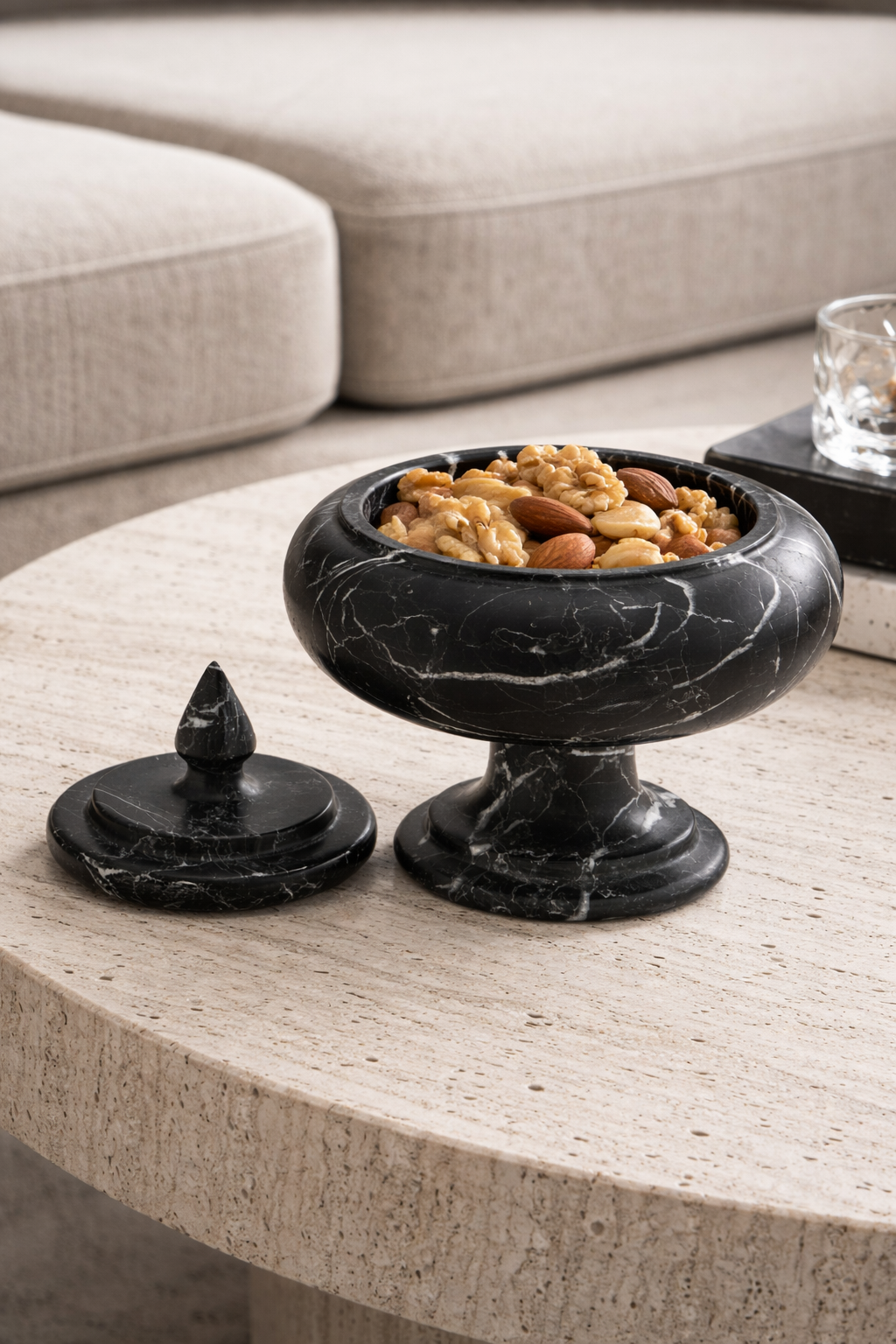 Aurelius Black Marble Pedestal Lidded Vessel - Decoronto