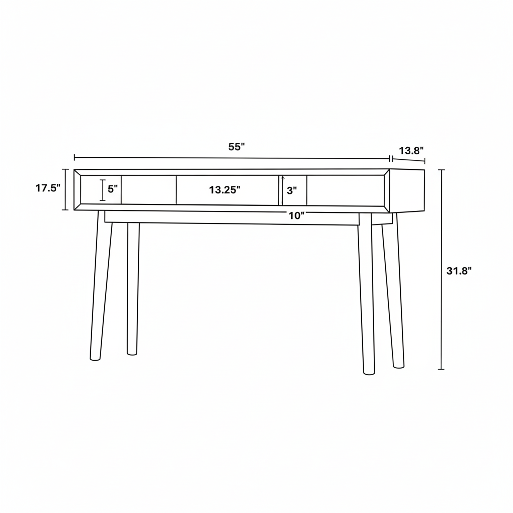 Line drawing of a console table with dimensions labeled