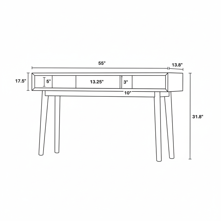 Line drawing of a console table with dimensions labeled