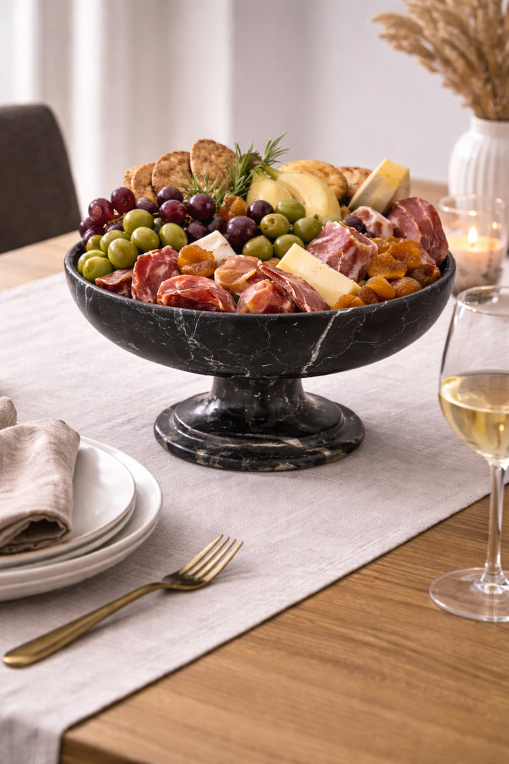Dessert platter with fruits and cookies on a marble stand, set on a dining table with plates and wine.