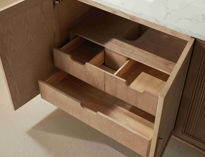 Elora 72 double sink vanity 6 hidden drawers interior storage antique oak