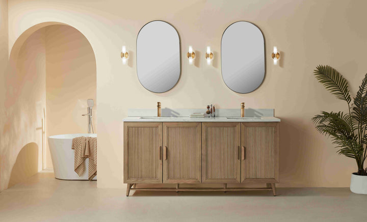 Elora 72 antique oak double sink vanity styled master ensuite Canadian bathroom