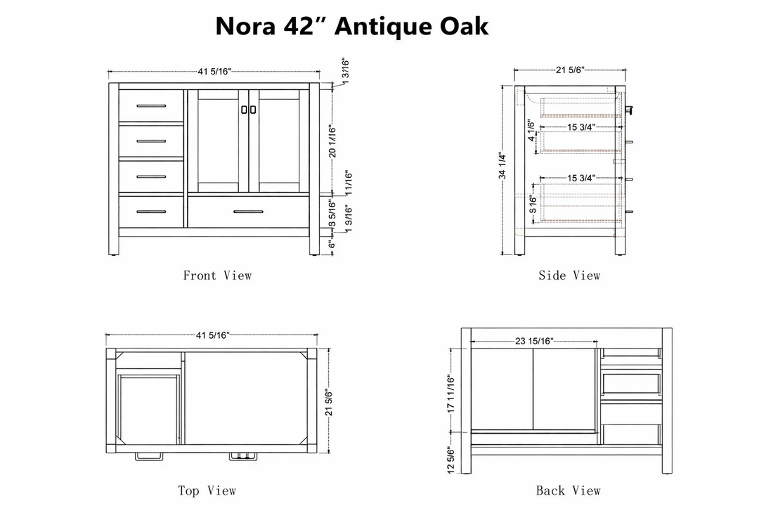 Dimensions of a Nora 42-inch Antique Oak bathroom vanity.
