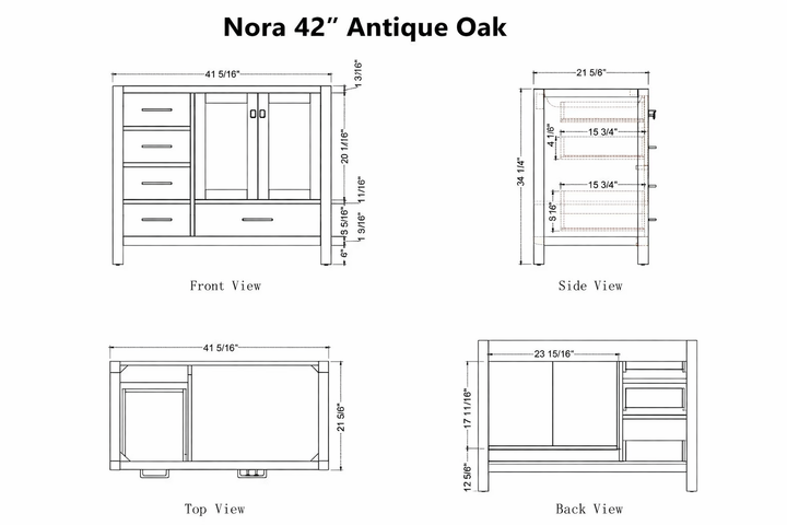 Dimensions of a Nora 42-inch Antique Oak bathroom vanity.
