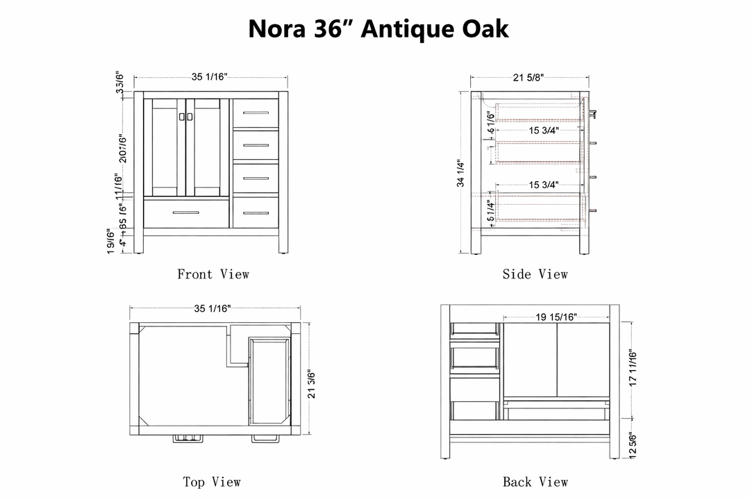 Dimensions of a Nora 36-inch Antique Oak vanity in front, side, top, and back views.