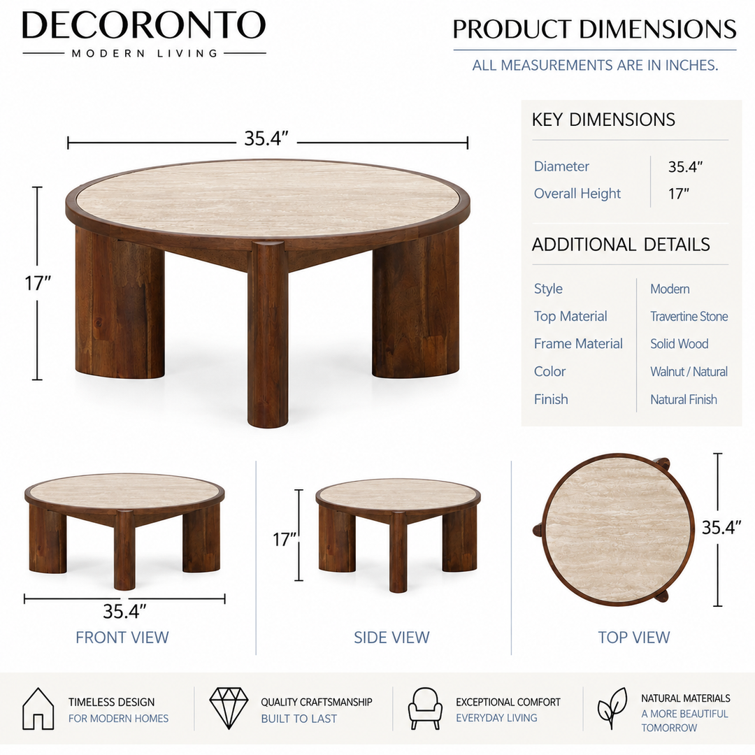 Decoronto modern living round coffee table with a travertine stone top and walnut natural finish legs, shown with product dimensions, front/side/top views, and feature icons.