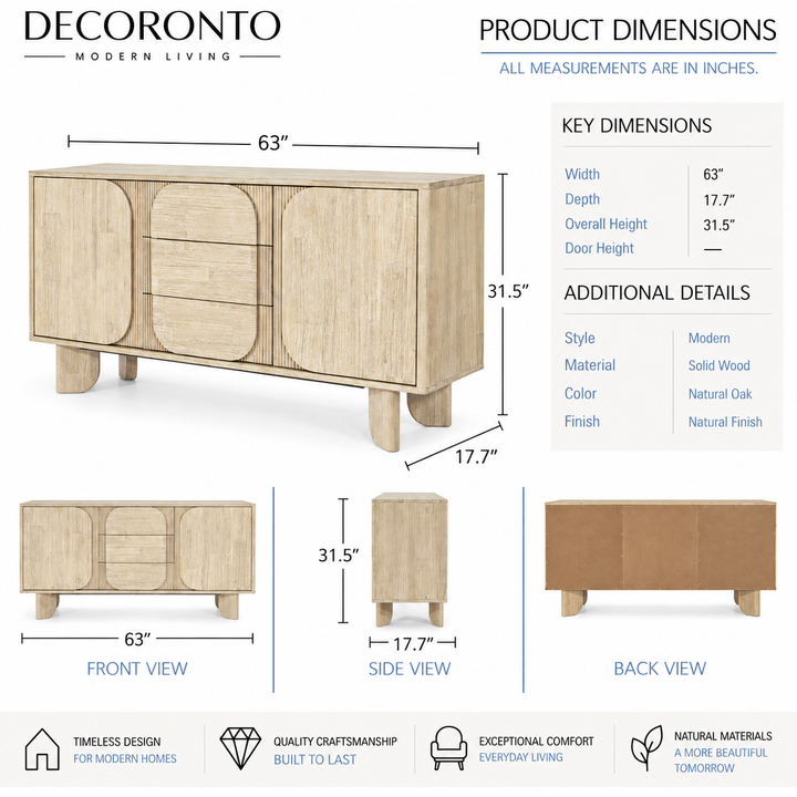 Decoronto modern living sideboard cabinet with product dimensions, front, side, and back views, on a white background with feature icons at the bottom.