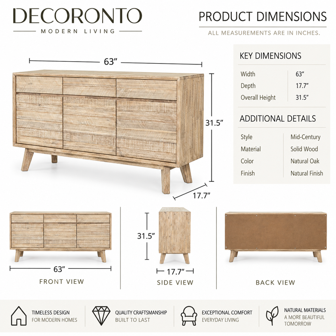A product dimension infographic for the Decoronto Modern Living 6-drawer sideboard. The image features a large front view of the natural oak sideboard with dimension lines indicating 63 inches in width, 31.