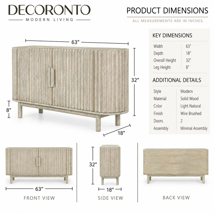 Decoronto modern living sideboard cabinet with dimension callouts, showing front, side, and back views with measurements and product details on a white background.