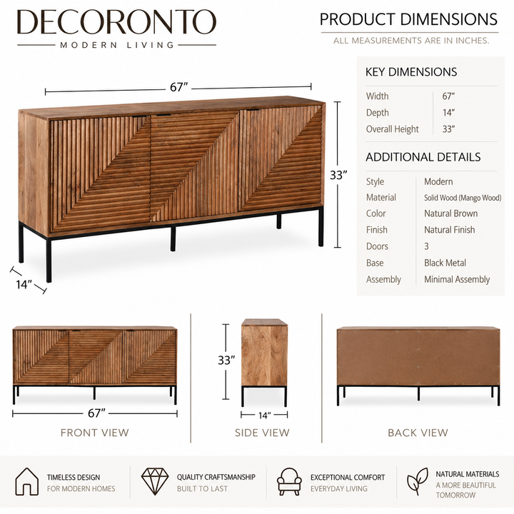 Decoronto modern sideboard cabinet product infographic showing the cabinet from multiple angles with labeled dimensions, including front, side, and back views, plus a product dimensions table and feature icons.