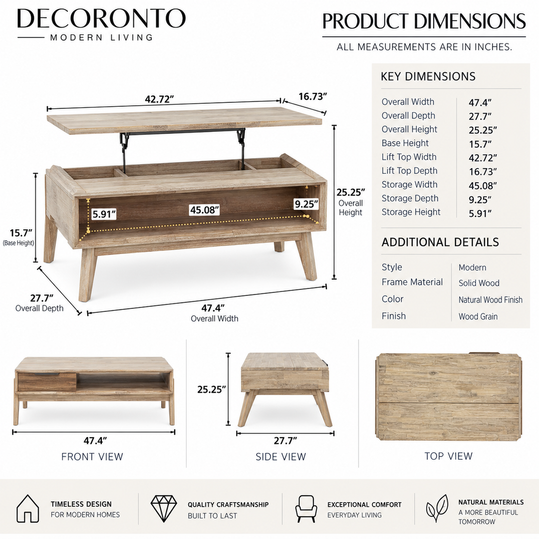 A product dimension diagram for a Decoronto Modern Living wooden lift-top console table, showing front, side, and top views with labeled measurements, key dimensions, and feature highlights on a white background.