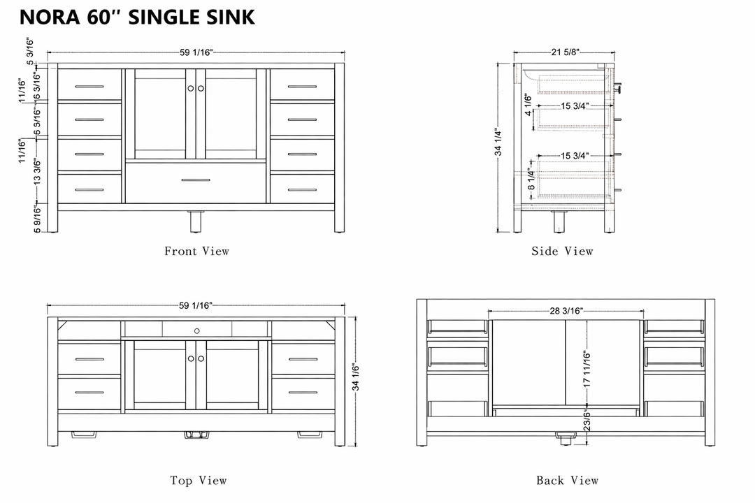 Technical drawings of a 60-inch single sink bathroom vanity with front, side, top, and back views.