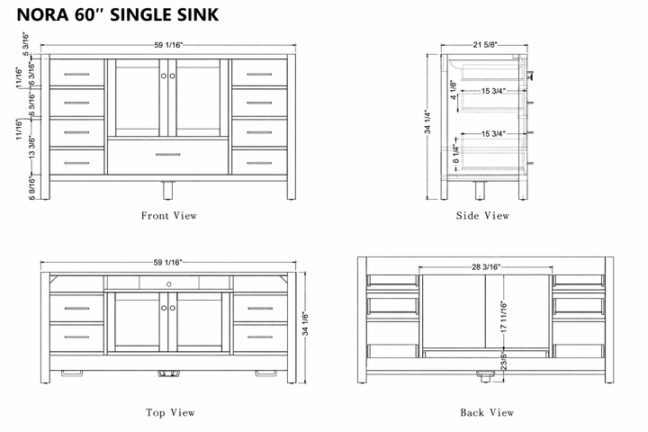 Technical drawings of a 60-inch single sink bathroom vanity with front, side, top, and back views.