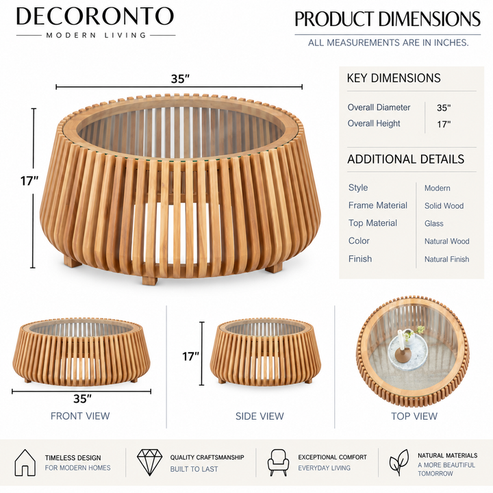 Decoronto modern outdoor round barstool with slatted natural wood frame, shown with product dimensions, key measurements, and multiple view diagrams including front, side, and top views on a white background.