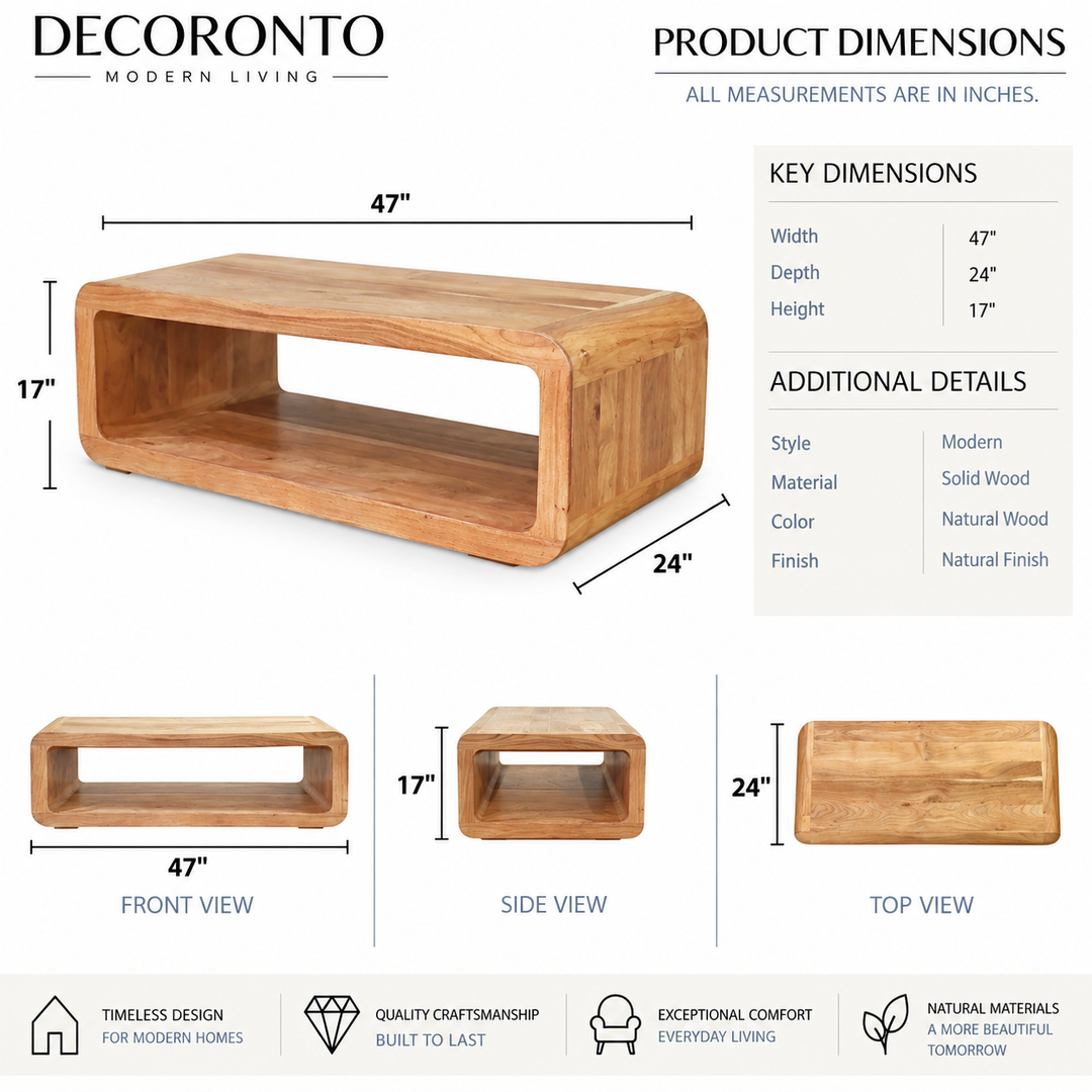 Decoronto modern wooden coffee table with dimensions labeled, shown in a large angled view and smaller front, side, and top views. Product dimensions are listed as 47 inches wide, 24 inches deep, and 17 inches high on a white background with Decoronto branding.