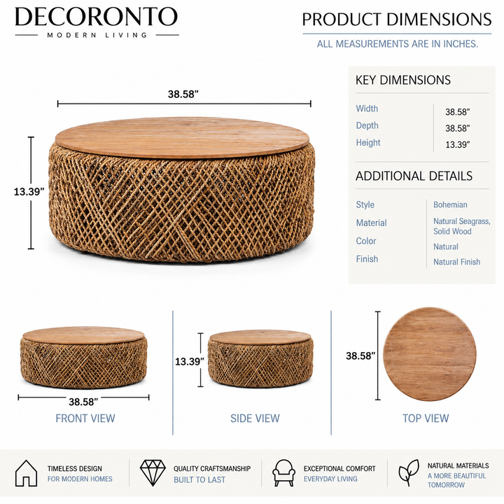 Decoronto Modern Living round storage ottoman with a natural wood top and woven seagrass base, shown with product dimensions, front/side/top views, and feature icons on a white background.