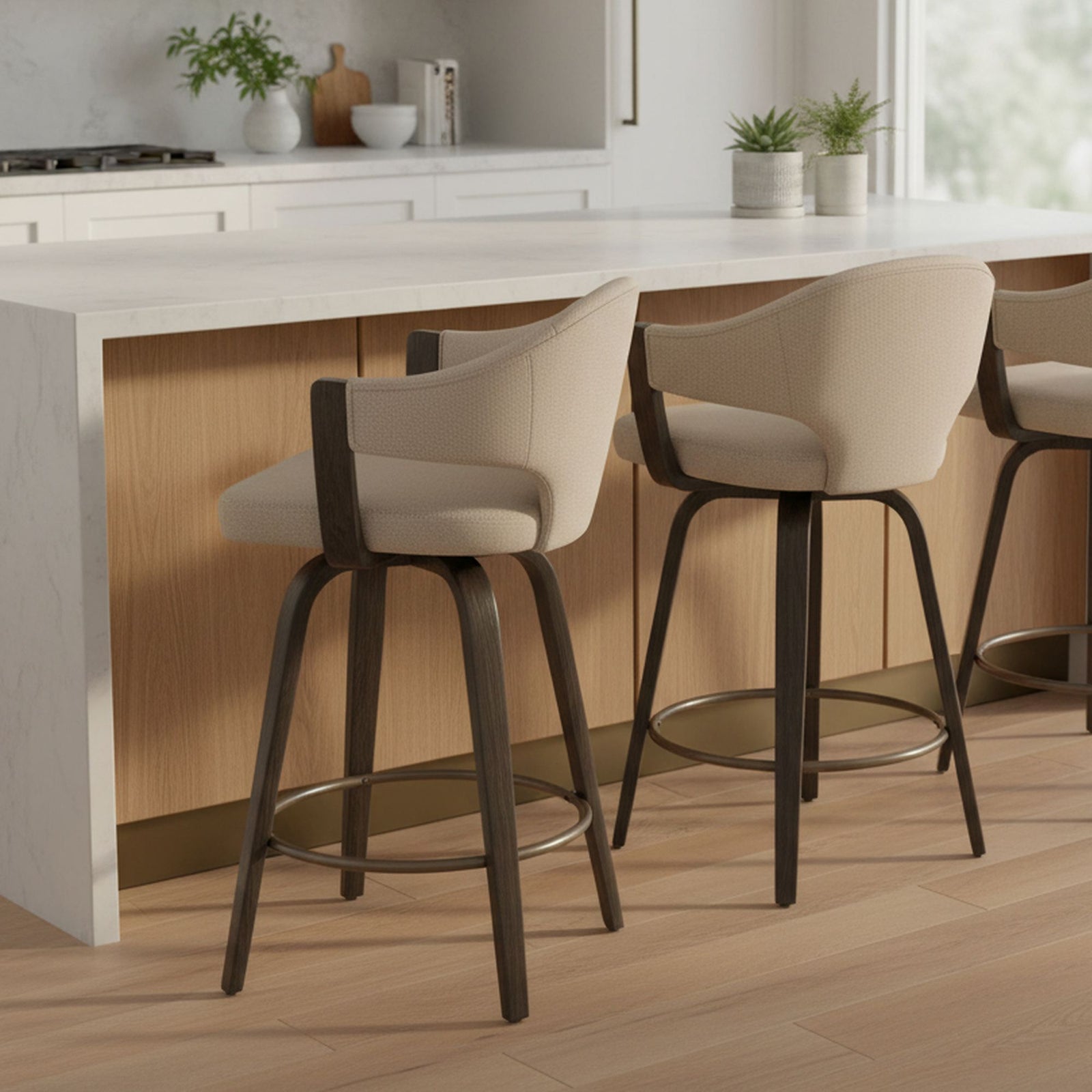 Cleo toffee swivel counter stool at kitchen island Canadian home