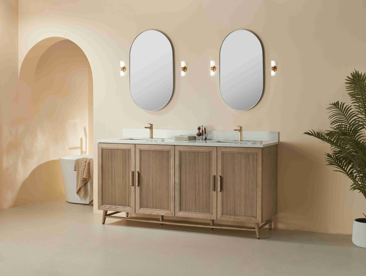 Elora 72 inch double sink antique oak bathroom vanity white quartz countertop Canada