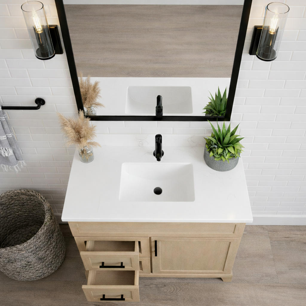 Bathroom vanity with white countertop, wooden cabinet, and mirror.