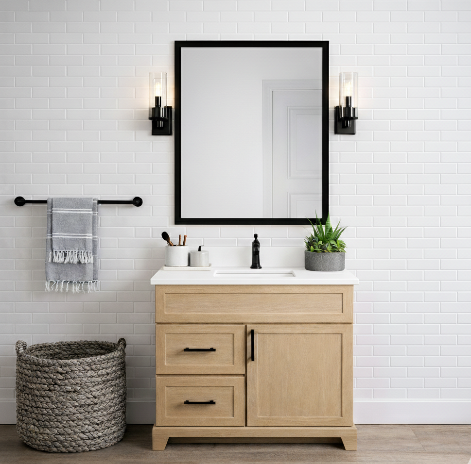 Bathroom vanity with mirror, lights, and decorative items against a white tiled wall.