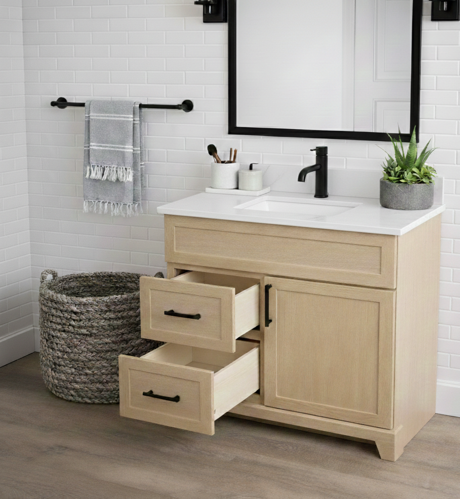 Beige bathroom vanity with open drawer in a modern bathroom setting.
