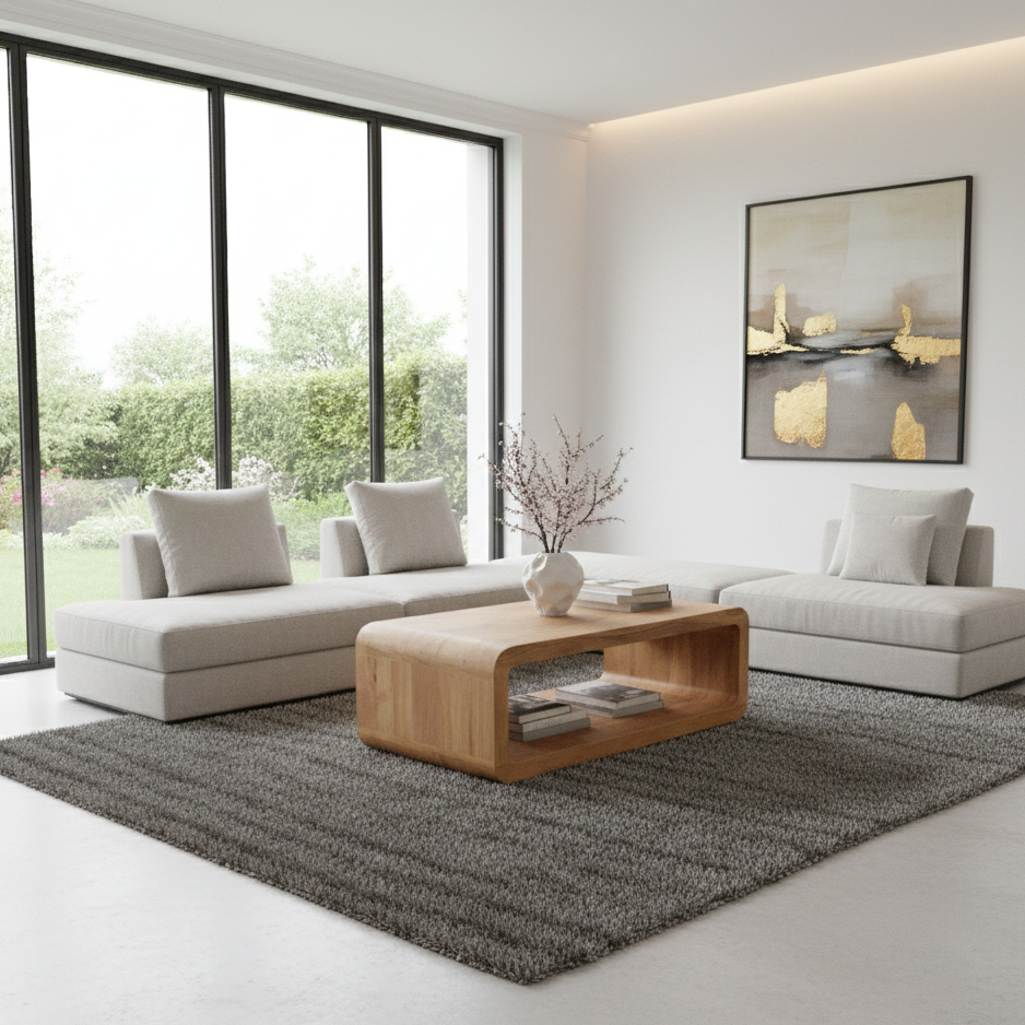 Zyra sculptural organic coffee table styled in modern Canadian living room