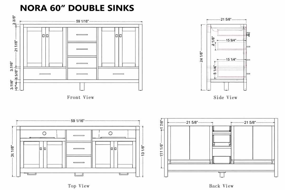 Technical drawings of Nora 60-inch double sinks with front, side, top, and back views.