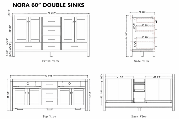 Technical drawings of Nora 60-inch double sinks with front, side, top, and back views.