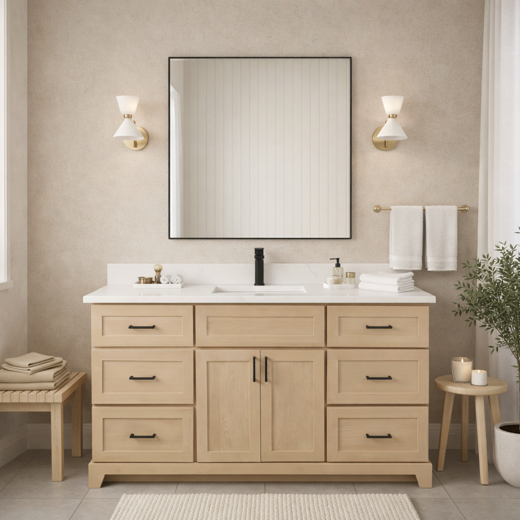 Bathroom vanity with mirror, lights, and decor in a neutral color scheme.