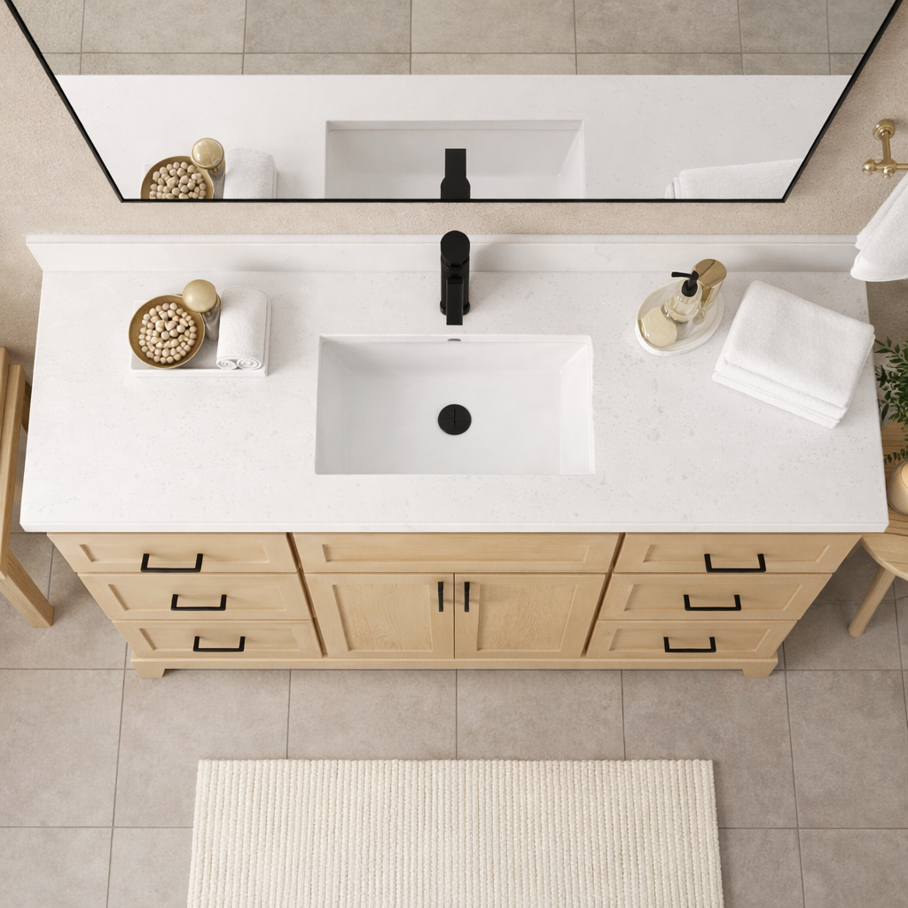 Bathroom vanity with white countertop, sink, and mirror.