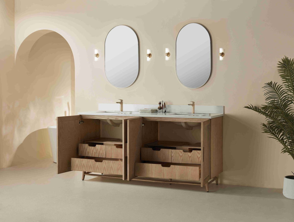 Elora 72 double sink vanity 6 hidden drawers interior storage antique oak