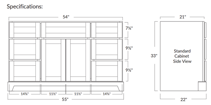 Technical drawing of a standard cabinet with dimensions labeled