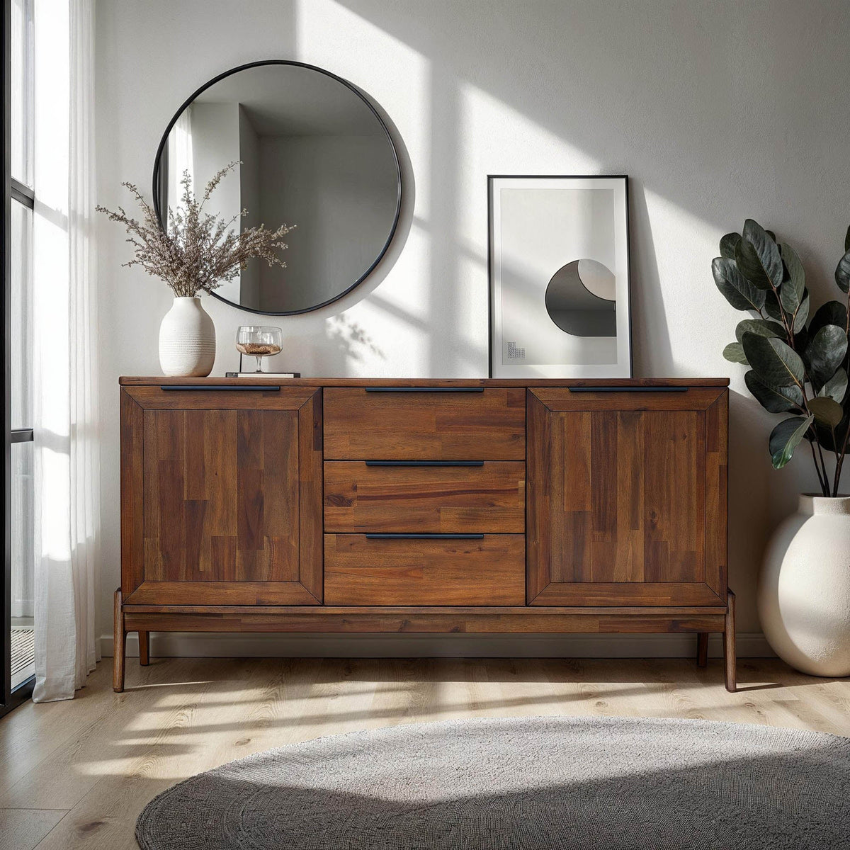 Rune 63 inch mid-century modern solid acacia sideboard metal handles Canada