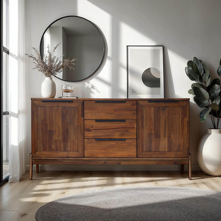 Rune 63 inch mid-century modern solid acacia sideboard metal handles Canada