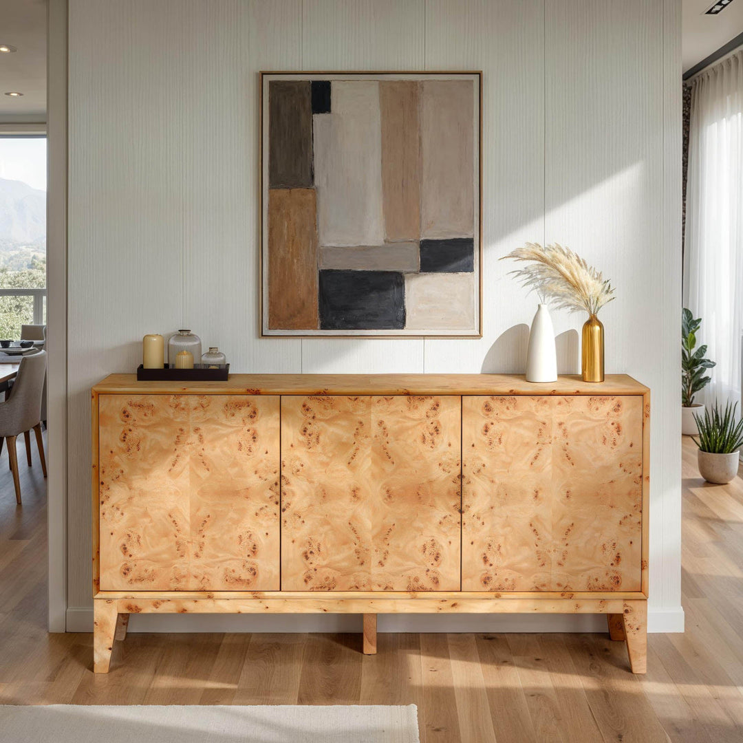 Aura 65 inch mappa burl veneer sideboard honey blonde handleless Canada