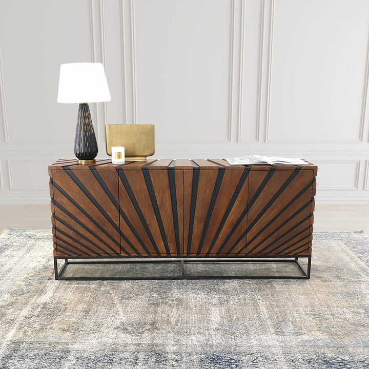 Sol 80 inch mango wood sunburst pattern sideboard black iron frame Canada