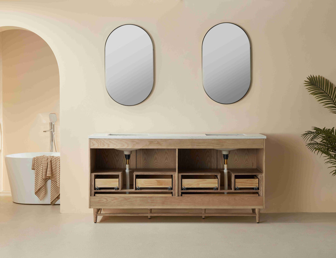Elora 72 antique oak vanity integrated soft close hardware door detail