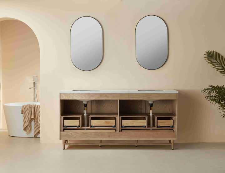 Elora 72 antique oak vanity integrated soft close hardware door detail