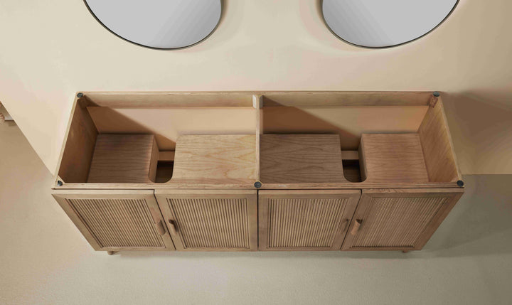 Elora 72 double sink vanity 6 hidden drawers interior storage antique oak