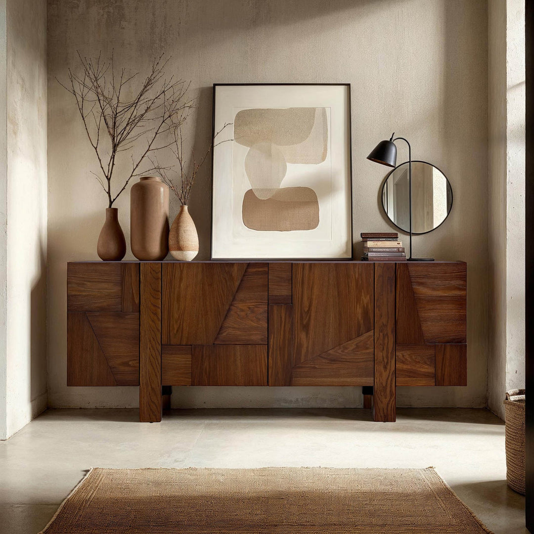 Cask solid oak checkerboard sideboard styled in bold Canadian dining room