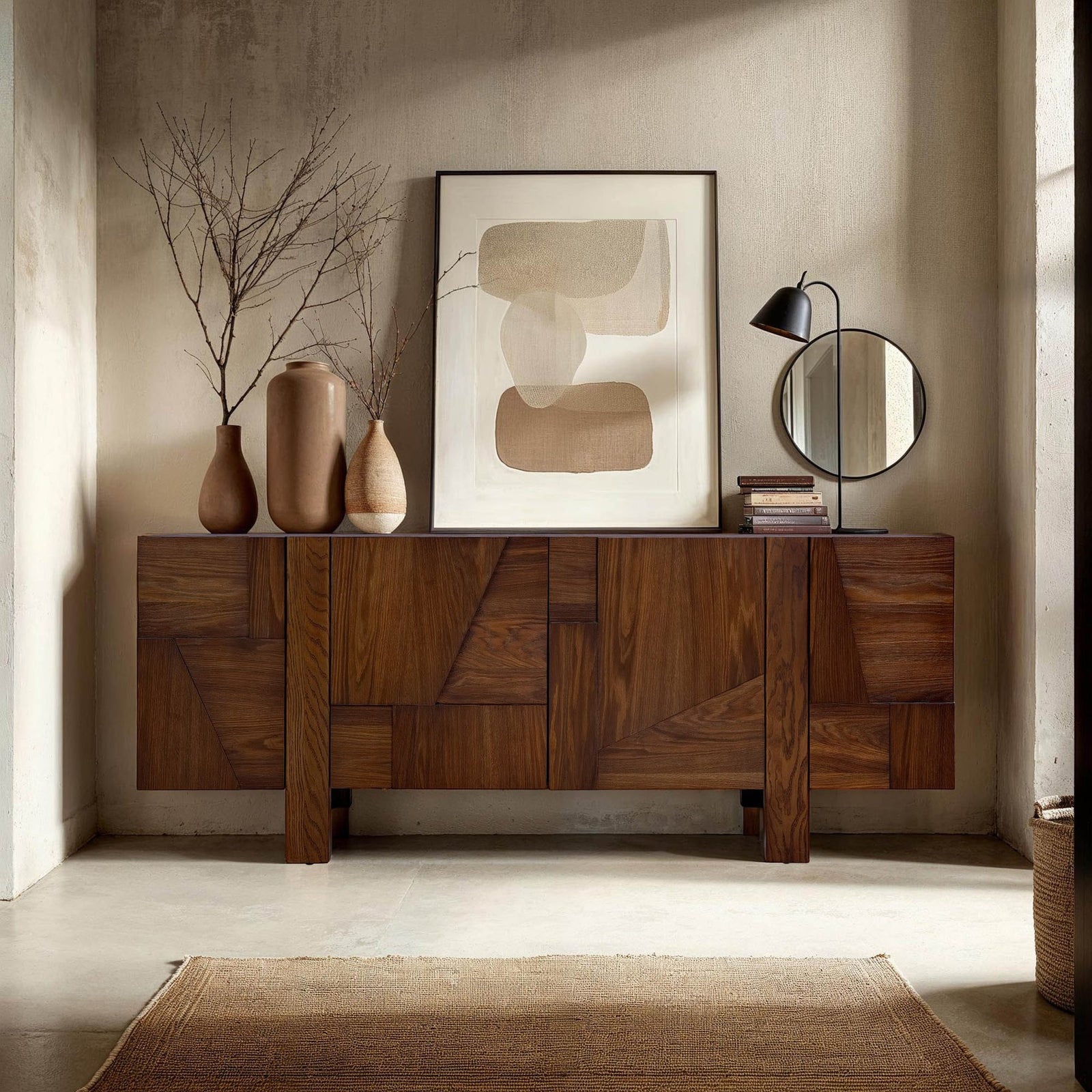 Cask solid oak checkerboard sideboard styled in bold Canadian dining room