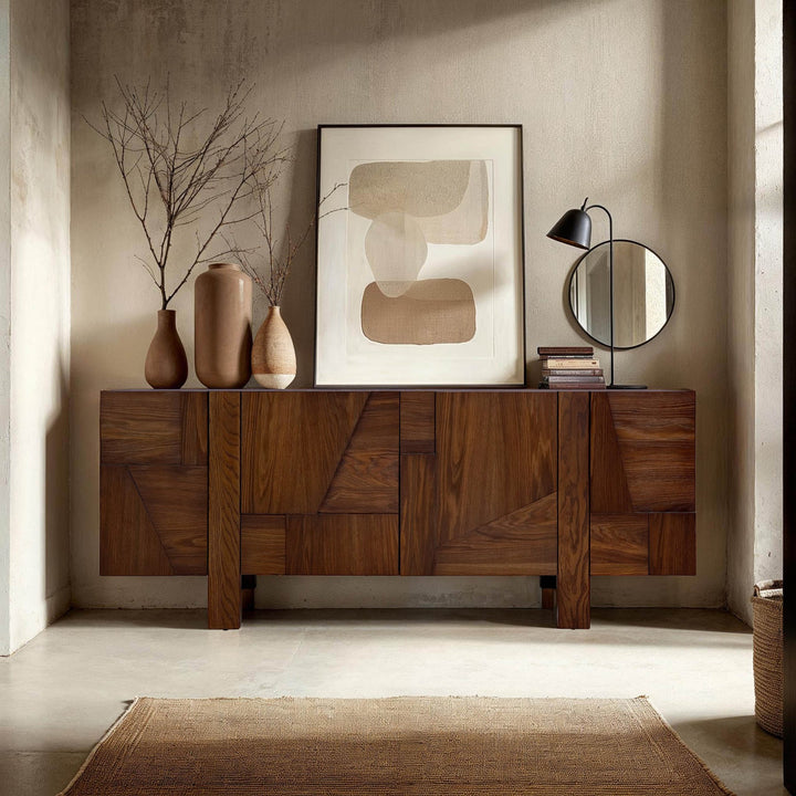 Cask solid oak checkerboard sideboard styled in bold Canadian dining room