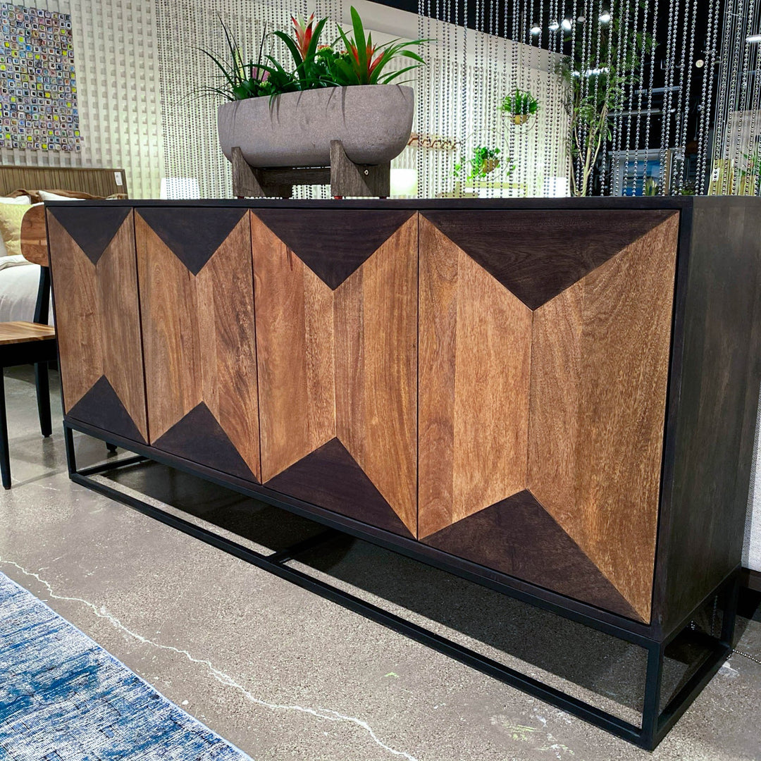 Hex mango wood hexagon sideboard styled in geometric modern Canadian living room