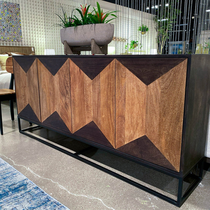 Hex mango wood hexagon sideboard styled in geometric modern Canadian living room