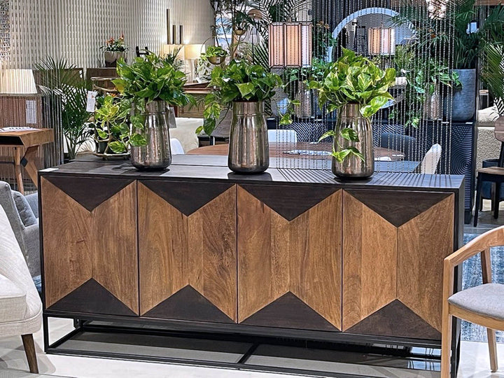 Hex mango wood hexagon sideboard styled in geometric modern Canadian living room